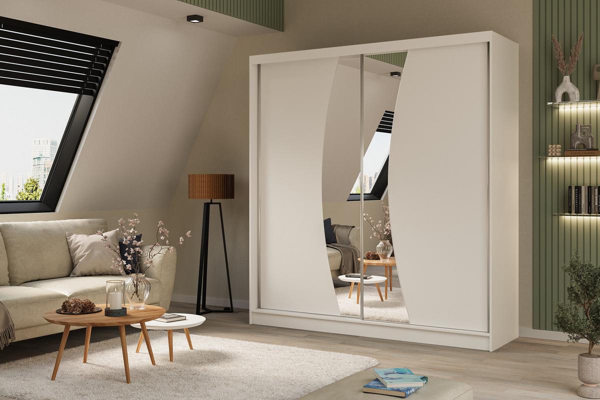 KLEIDERSCHRANK mit Spiegel-Schiebetüren und Aluminium-Leisten - VOXI - 200 cm Weiß - Weiß, Holzwerkstoff (200/216/61cm) - ALTDECOR