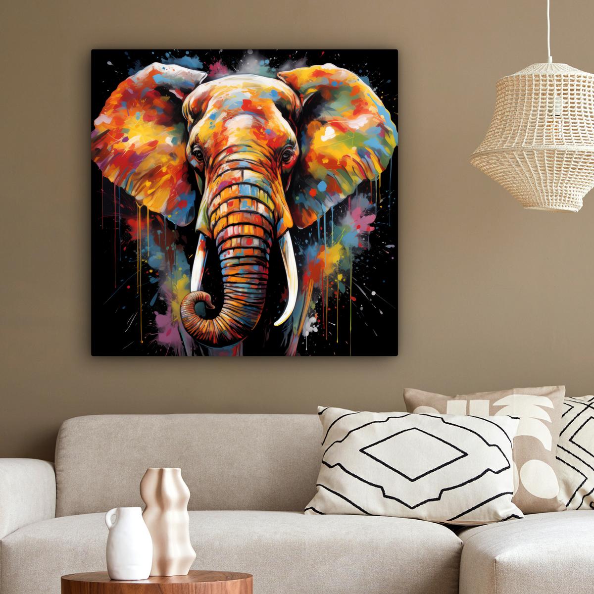 LEINWANDBILD Elefant - Graffiti - Schwarz - Tiere - Farben Deko Groß 90x90 cm - Schwarz, Textil (90/90cm) - MuchoWow