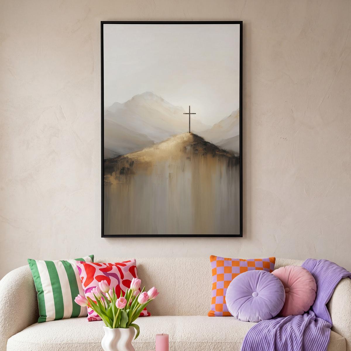 LEINWAND Bilder mit Rahmen - Hügel - Abstrakt - Kreuz - Christentum - 80x120 - Beige, Textil (80/120cm) - MuchoWow