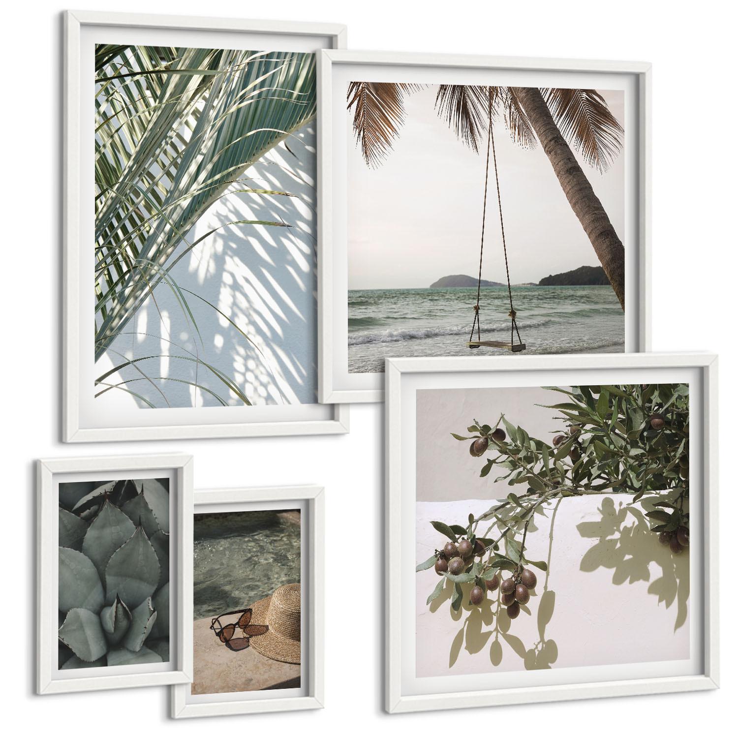 BILDER SET 5er Set - 50x50 cm & 20x30 cm & 40x60 cm Weißer Rahmen - Tropische Pflanzen für den Urlaub - Weiß, Kunststoff (40/60cm) - TULUP