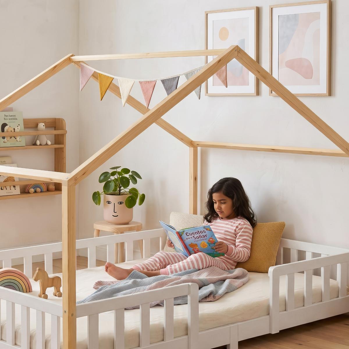HAUSBETT Treviolo - Weiß/Naturfarben, Holz (120/200cm) - [en.casa]