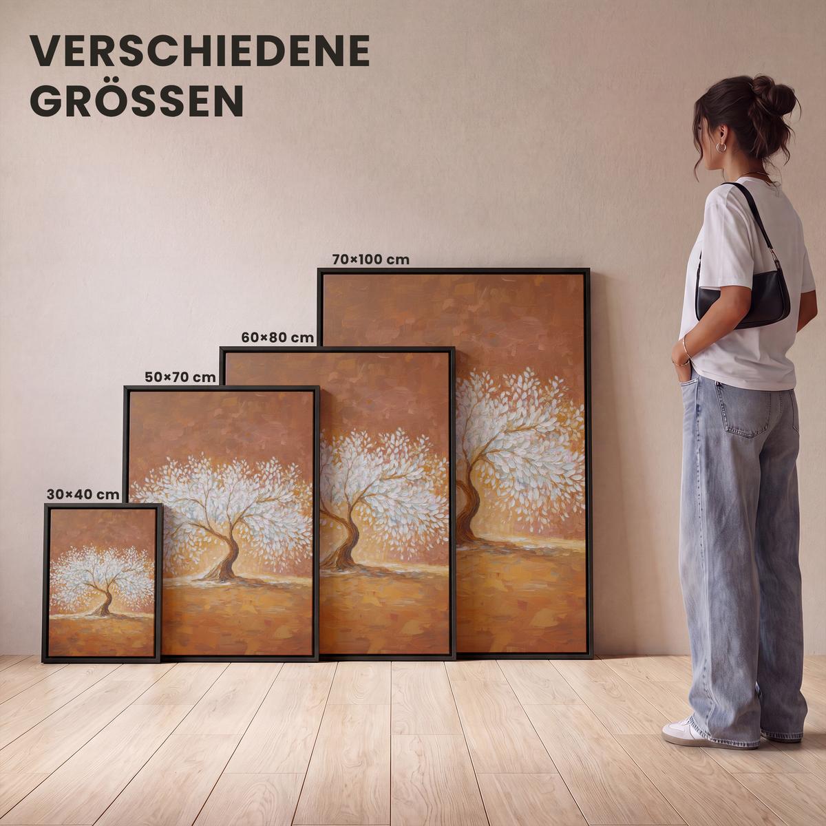 LEINWAND Bilder mit Rahmen - Abstrakt - Baum - Weiß - Blätter - 60x80 - Braun, Textil (60/80cm) - MuchoWow