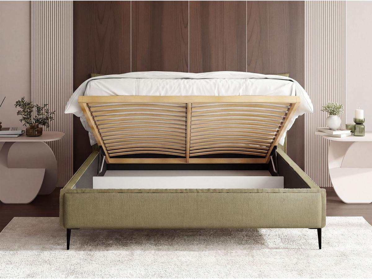 POLSTERBETT Pillow Rise mit Bettkasten, Lattenrost & hohen Metallfüßen in Hell-Olivgrün Chenille 200x200 cm - Birkefarben/Schwarz, Holz/Holzwerkstoff (200/200cm) - WFL GROUP