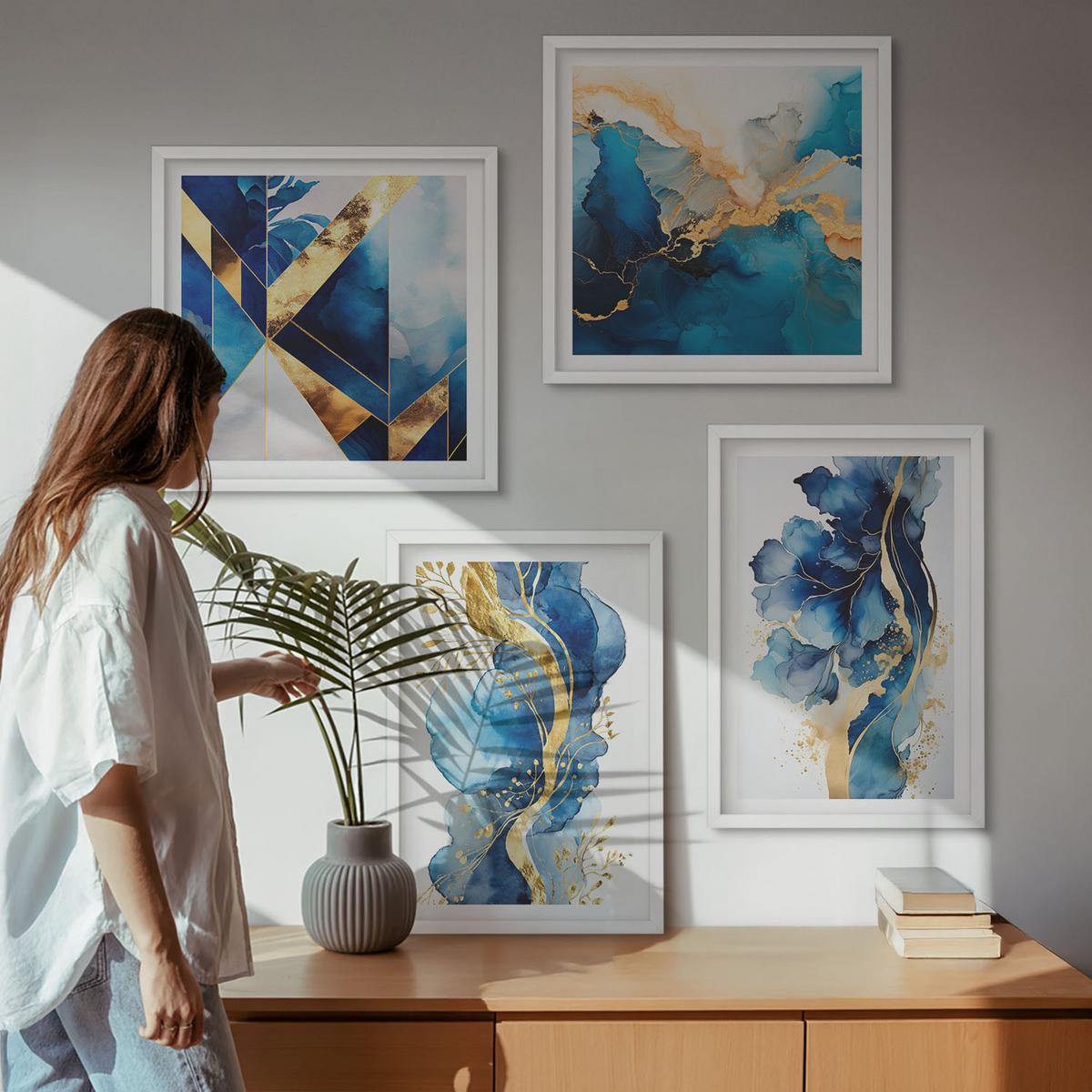 BILDER SET 4er Set - 50x50 cm & 40x60 cm Weißer Rahmen - Blaue abstrakte Muster - Weiß, Kunststoff (50/50cm) - TULUP