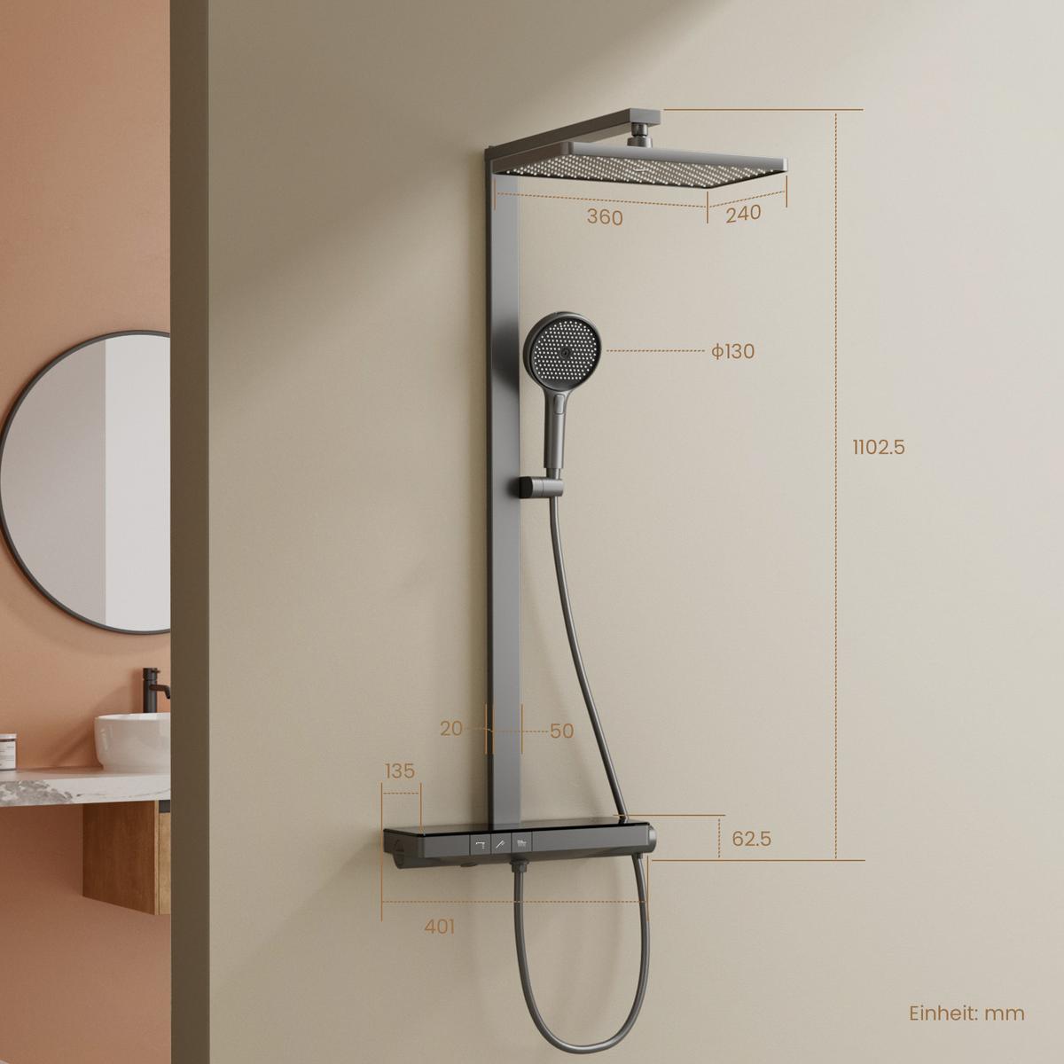 ÜBERKOPFBRAUSESET mit Thermostat 3 Auslässe Anthrazit 105/40,1/57,3 cm - Anthrazit, Metall (40/105/57cm) - EMKE