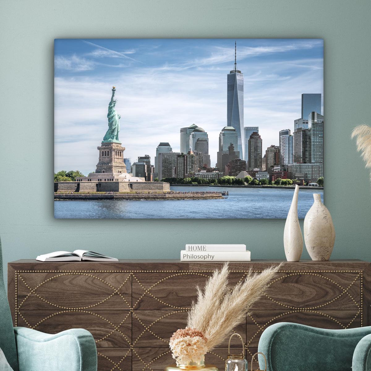 LEINWANDBILD New York - Freiheitsstatue - Wasser Groß 140x90 cm - Hellblau, Textil (140/90cm) - MuchoWow