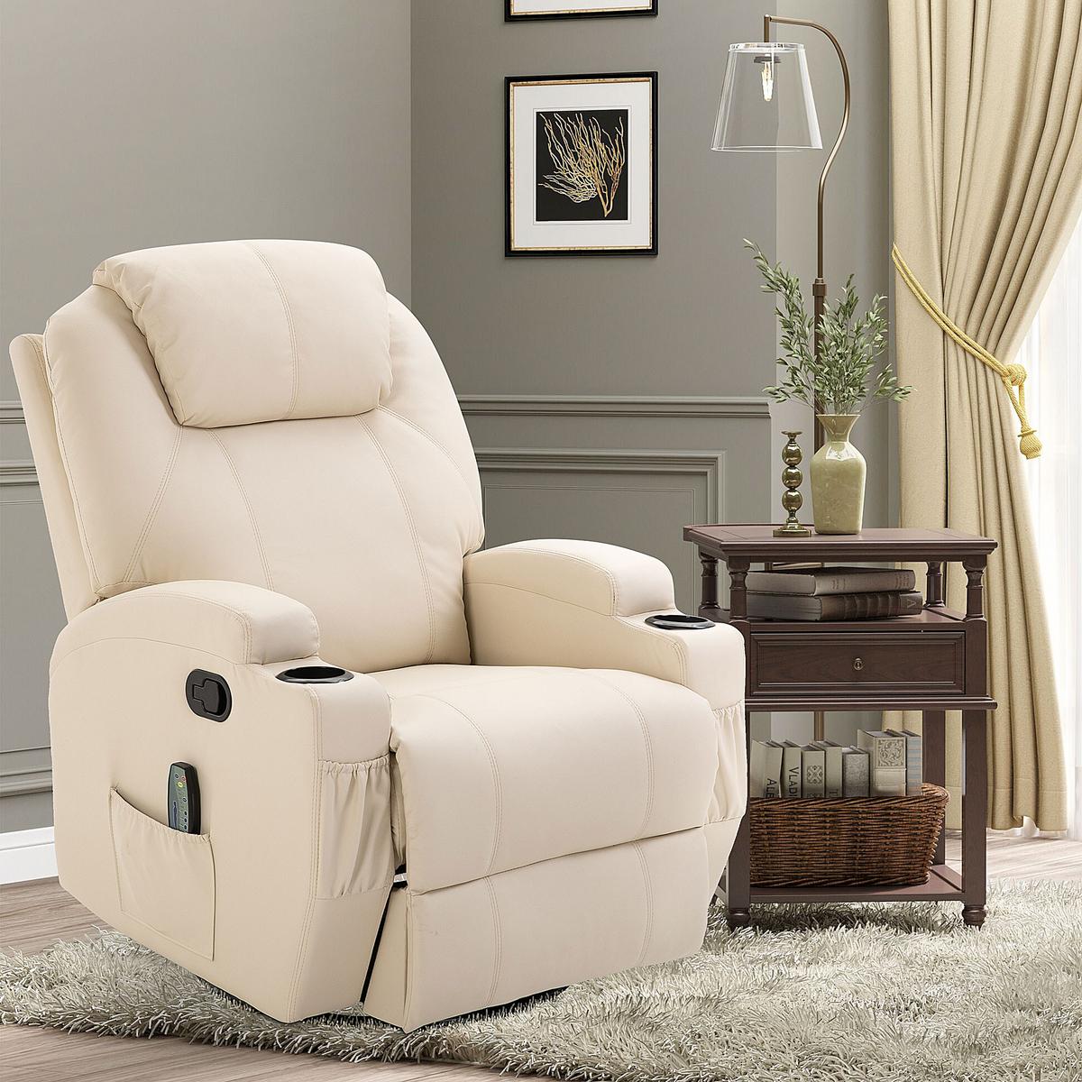 MASSAGESESSEL Fernsehsessel Elektrisch Relaxsessel 5 Massage-Modi Cremeweiß - Creme/Schwarz, Leder/Metall (92/109/84cm) - HOMCOM