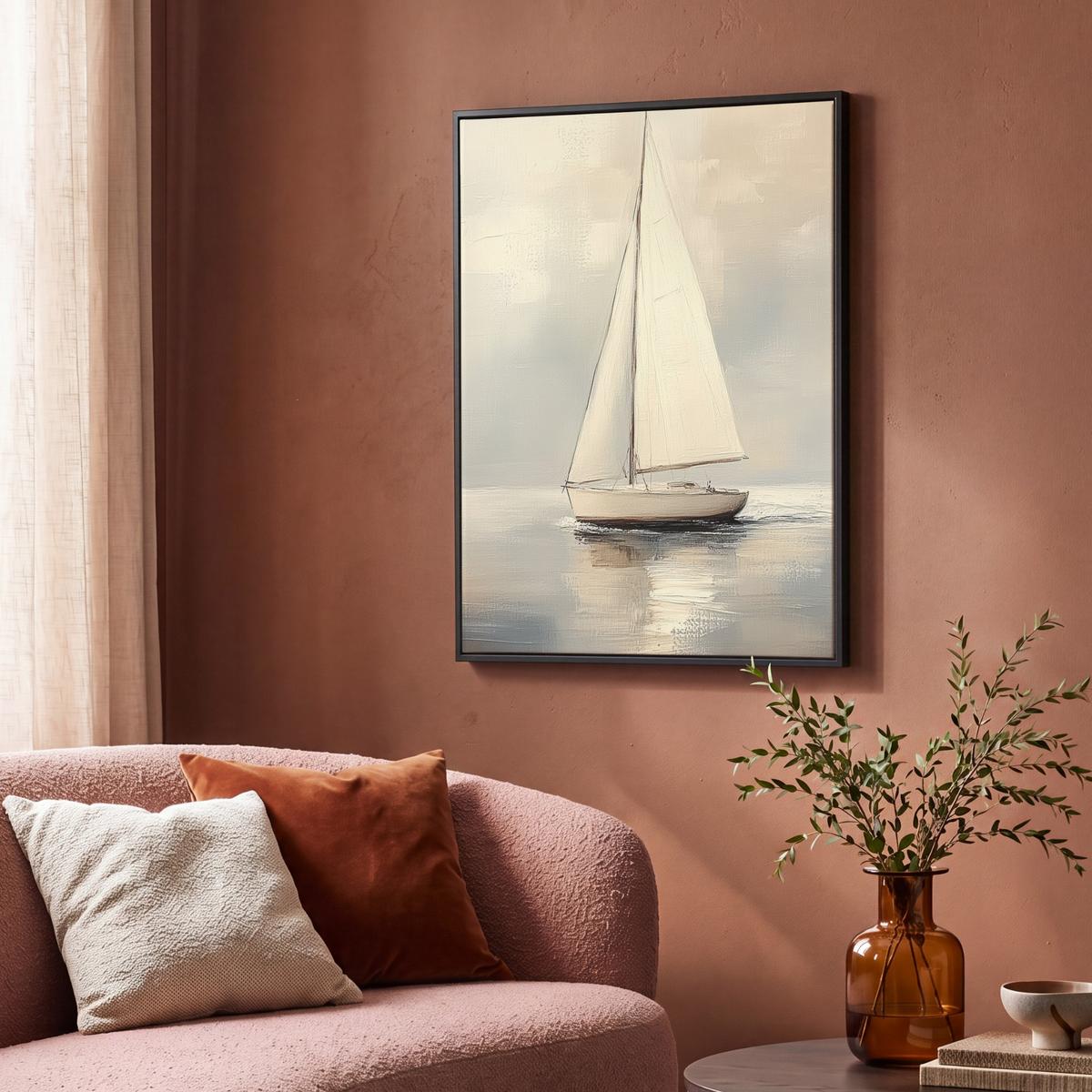 LEINWAND Bilder mit Rahmen - Segelschiff - Meer - Bewölkt - 70x100 - Creme, Textil (70/100cm) - MuchoWow