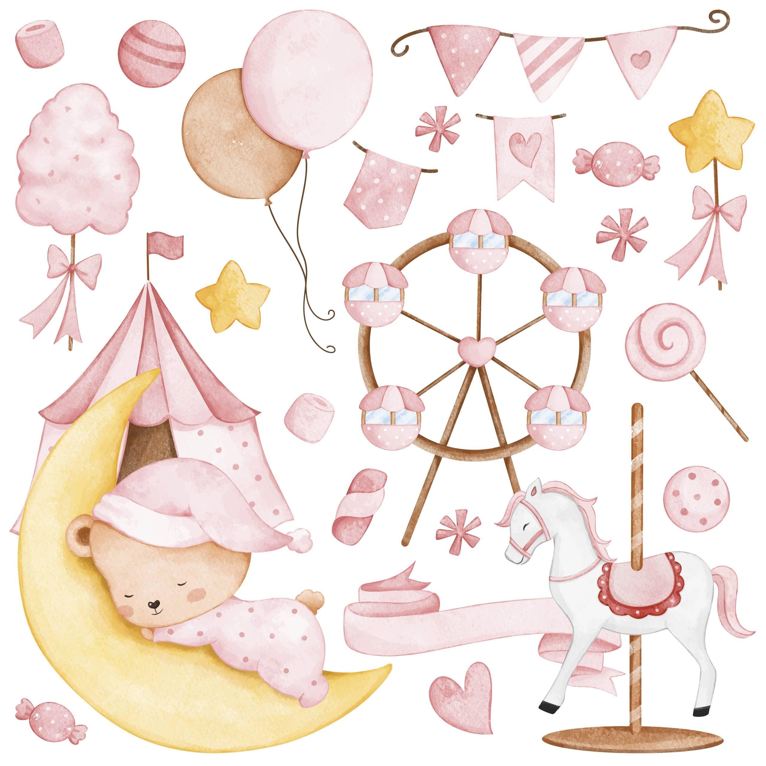 WANDSTICKER Teddybär auf dem Mond Sterne Ballons 120x60 - Gelb/Rosa, Papier (120/60/1cm) - Muralo