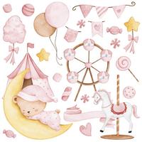 WANDSTICKER Teddybär auf dem Mond Sterne Ballons 120x60 - Gelb/Rosa, Papier (120/60/1cm) - Muralo
