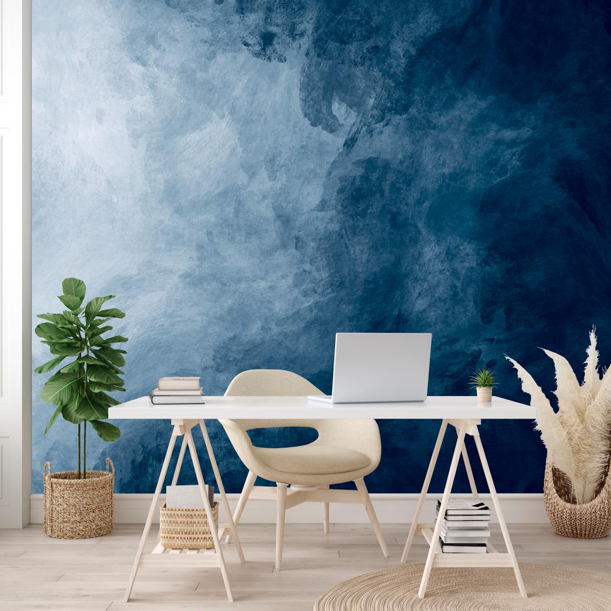 FOTOTAPETE für Badezimmer Dunkelblaues Ombre Aquarell 300x210 - Blau/Weiß, Papier (300/210cm) - Muralo