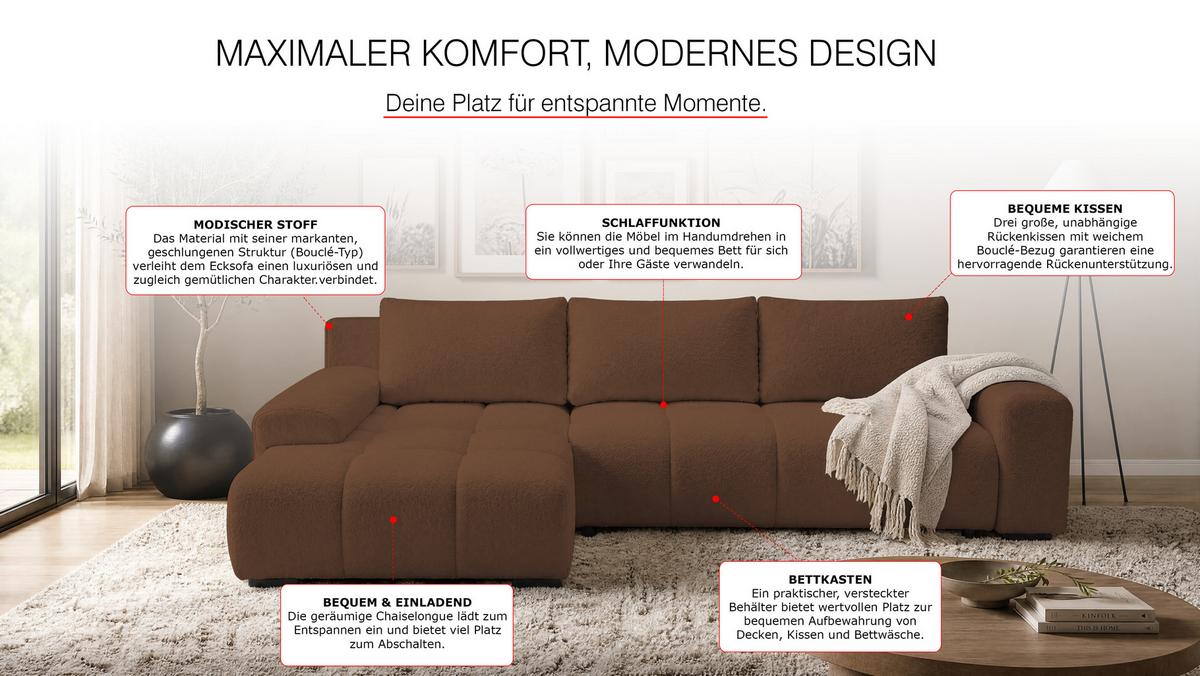 ECKSOFA Ovia mit Bettkasten und Schlaffunktion, Bouclé-Stoff in L-Form - Braun, Textil (270/185cm)