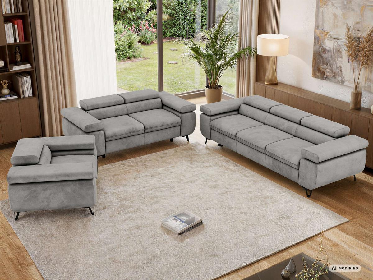SITZGARNITUR PETER 1+2+3 mit Schlaffunktion - Hellgrau Velvet - Silberfarben/Hellgrau, Textil/Metall (262/76/99cm) - MKS