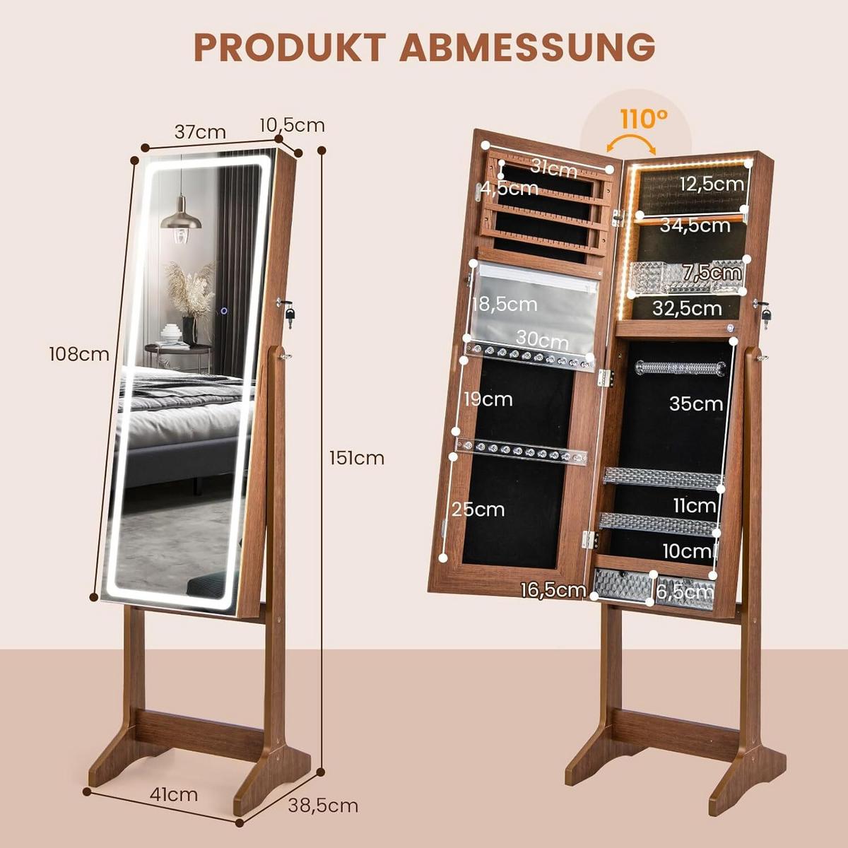 SCHMUCKSCHRANK 151cm Walnuss - Walnussfarben, Holz (41/151/38cm) - COSTWAY