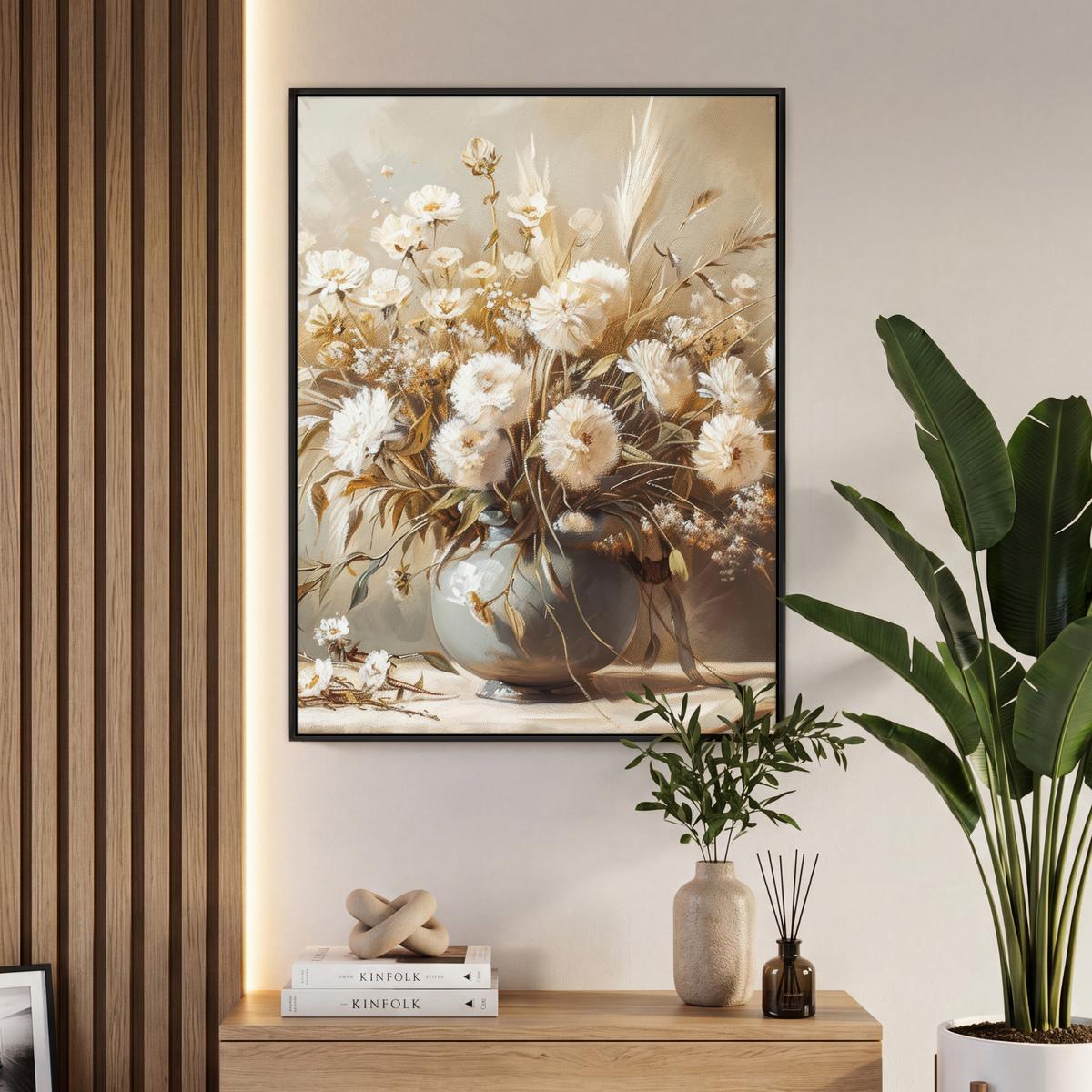 LEINWAND Bilder mit Rahmen - Blumen - Vase - Stilleben - Beige - 70x100 - Creme, Textil (70/100cm) - MuchoWow
