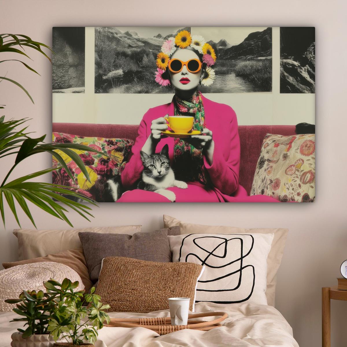 LEINWANDBILD Frau - Katze - Blumen - Tasse - Retro Groß 140x90 cm - Magenta, Textil (140/90cm) - MuchoWow