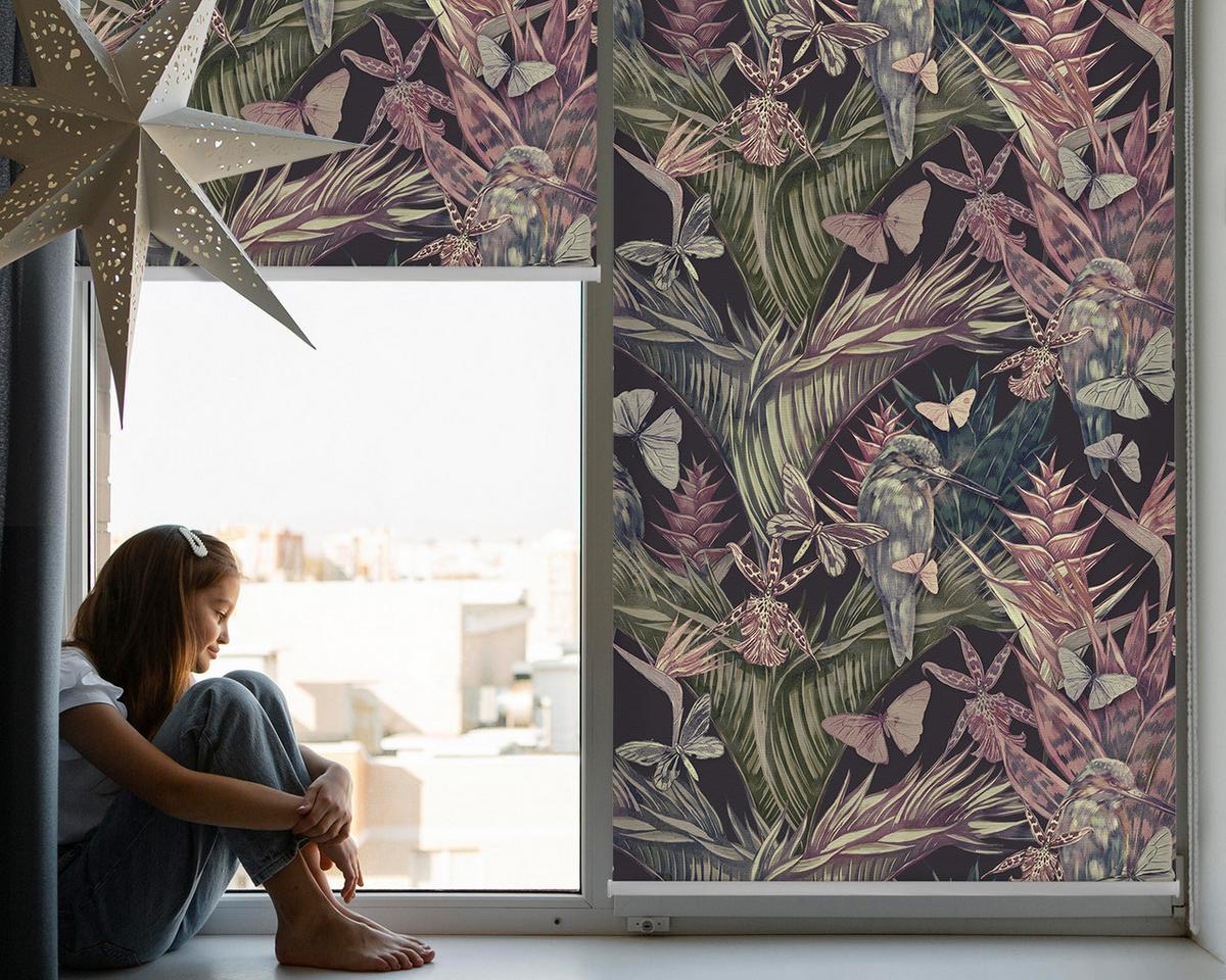 INNENROLLO - Fensterrollo - Rollo - 80x180 cm - Exotische Pflanzen und Vögel - Violett, Kunststoff (80/180/0.5cm) - TULUP