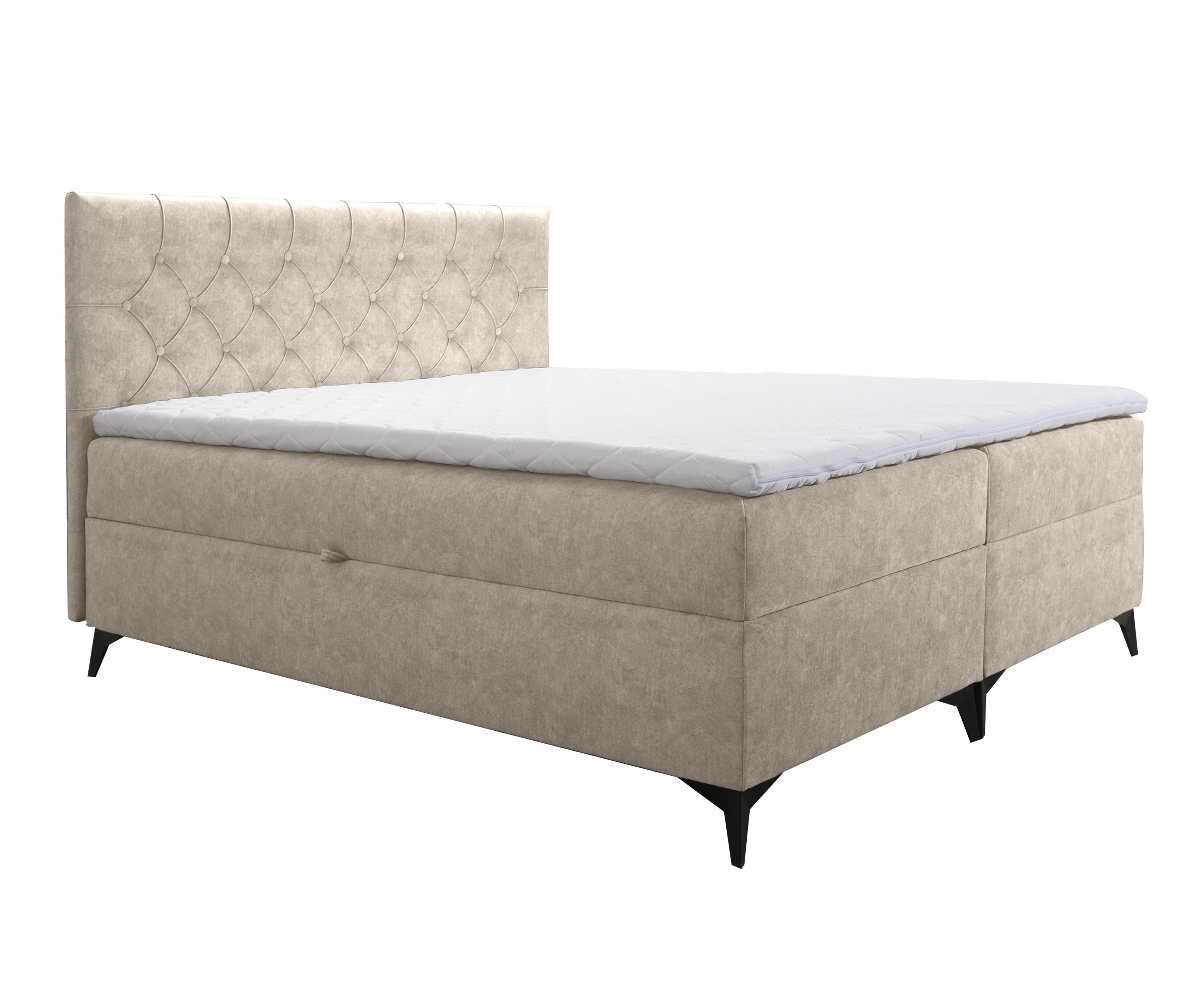 BOXBETT Palmeria 160/200 cm in Beige – mit Bettkasten und Topper - Beige/Schwarz, Holz/Holzwerkstoff (160/200cm) - AX Living