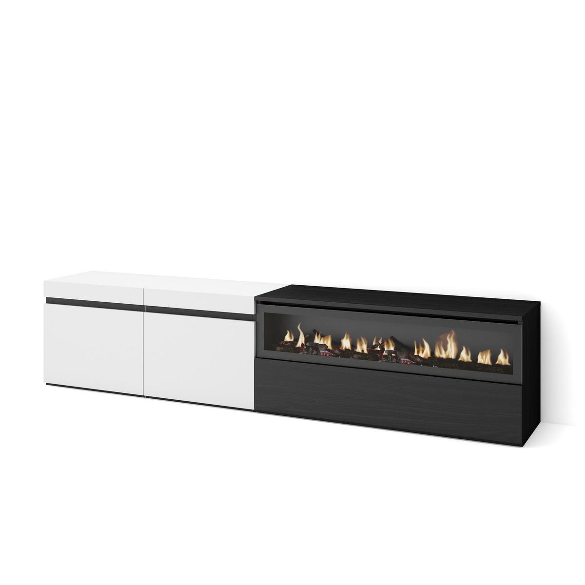 LOWBOARD, mit Elektrokamin, Weiß, Schwarz, 200/35/45cm - Schwarz/Weiß, Holzwerkstoff (200/45/35cm) - Skraut Home