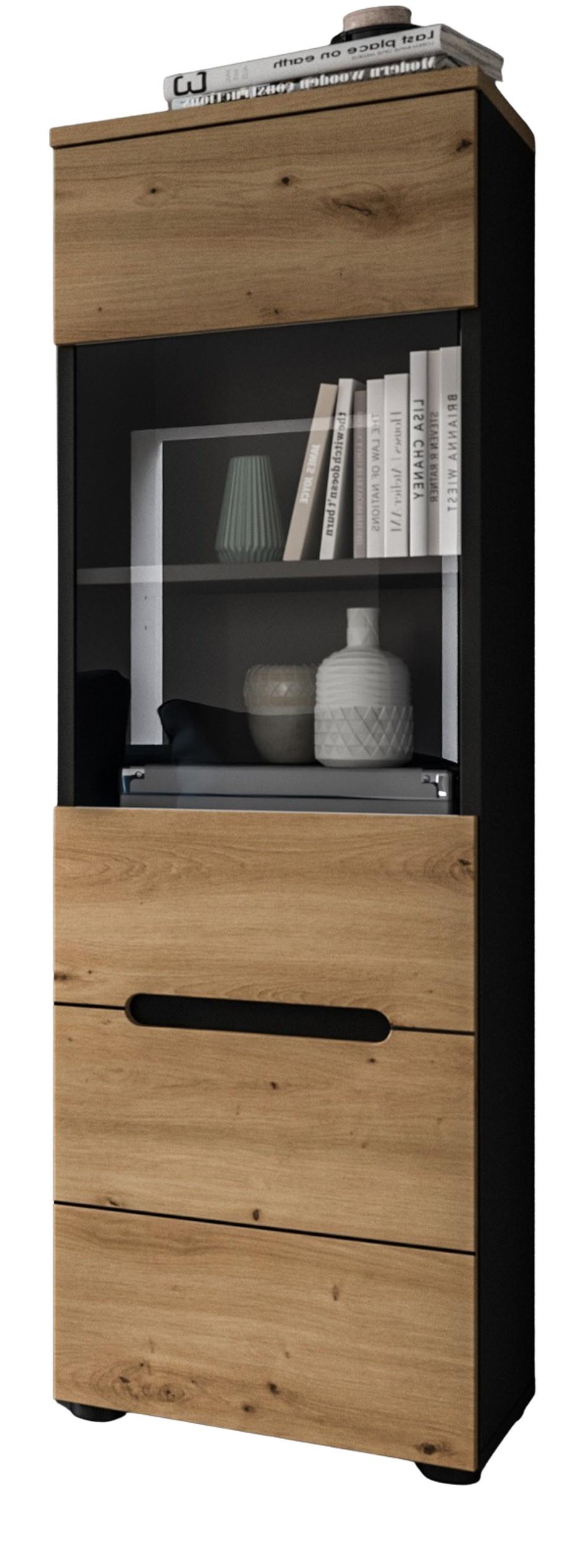 VITRINE Eiche Artisan, grau, Vitrinenschrank hängend / stehend 36 x 125 cm, Soft-Close - Schwarz/Eiche Artisan, Glas/Holzwerkstoff (36/125/33cm) - Inn.Furn