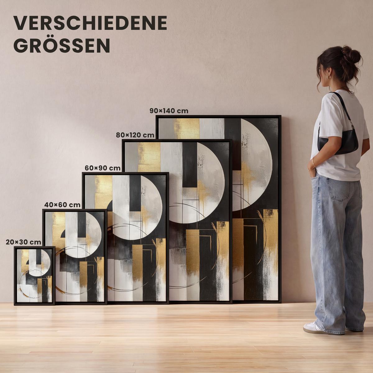 LEINWAND Bilder mit Rahmen - Abstrakt - Gold - Silber - Formen - Ästhetik - 100x150 - Multicolor, Textil (100/150cm) - MuchoWow