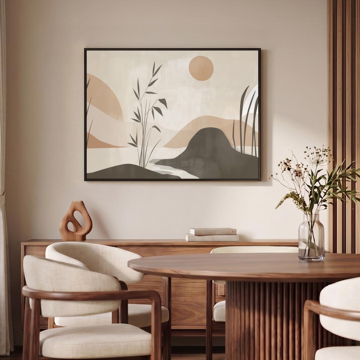 LEINWAND Bilder mit Rahmen - Japandi - Landschaft - Beige - 100x70 - Cognac, Textil (100/70cm) - MuchoWow