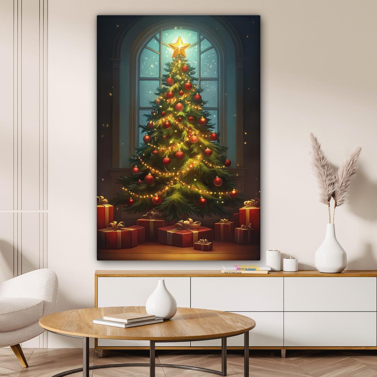 LEINWANDBILD Weihnachtsbaum - Geschenk - Winter Deko Groß 90x140 cm - Grün, Textil (90/140cm) - MuchoWow