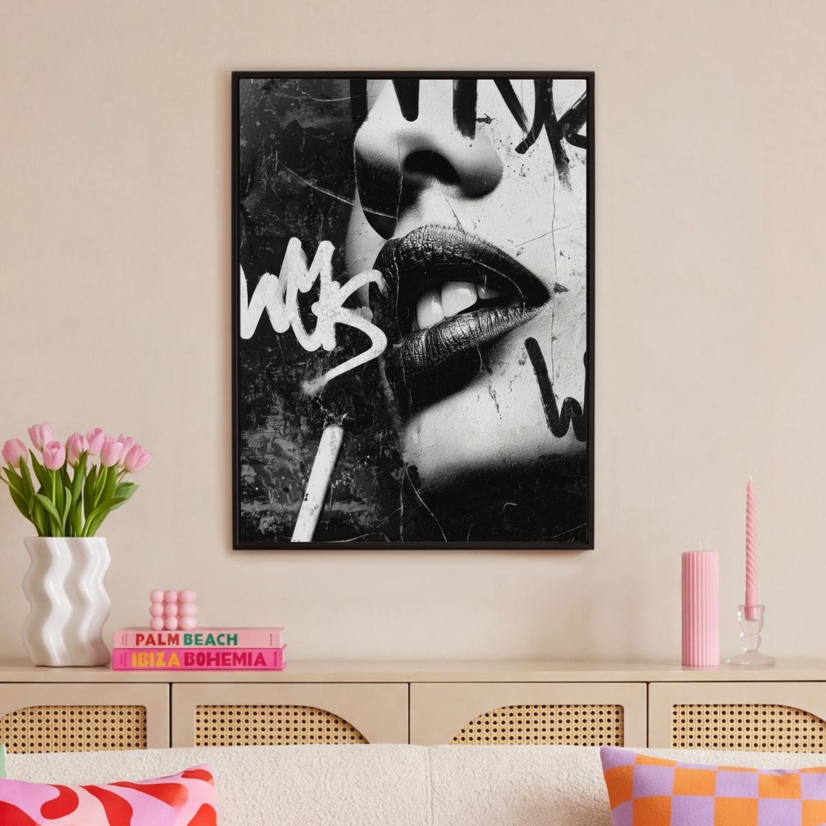 LEINWAND Bilder mit Rahmen - Gesicht - Mund - Graffiti - Schwarz - 70x100 - Schwarz, Textil (70/100cm) - MuchoWow