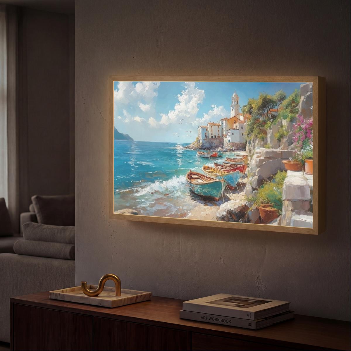 WANDLEUCHTE MIT AKKU Boote - Felsen - Meer - Sonne 60x40 cm - Blau, Holzwerkstoff (60/40/8cm) - OnlyWow