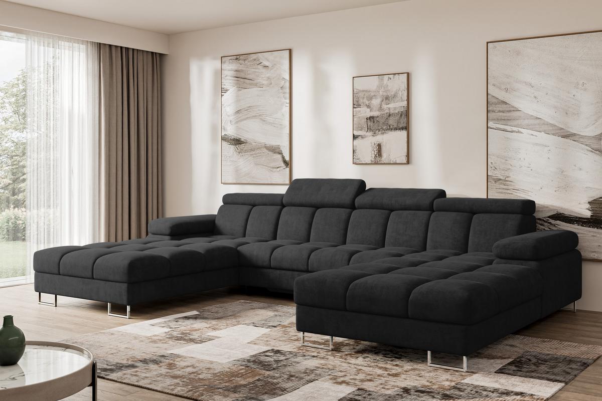 WOHNLANDSCHAFT mit Schlaffunktion und Bettkasten COMA U2 345x203x79 Schwarz Velours - Schwarz, Holzwerkstoff/Textil (345/79/203cm) - ALTDECOR