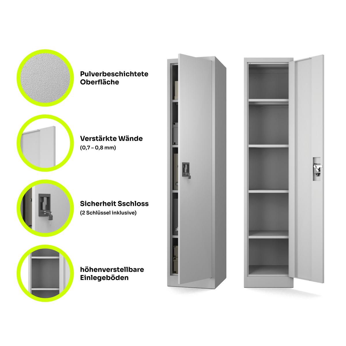 AKTENSCHRANK mit 4 Einlegeböden Hellgrau Stahl 40x185x45cm - Hellgrau, Metall (40/185/45cm) - Muralo