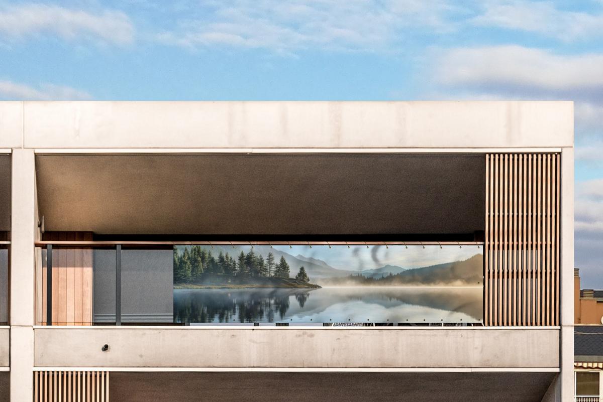 BALKON-SICHTSCHUTZ See - Nebel - Berge - Landschaft Deko XXL 500x130 cm - Hellblau, Kunststoff (500/130cm) - MuchoWow