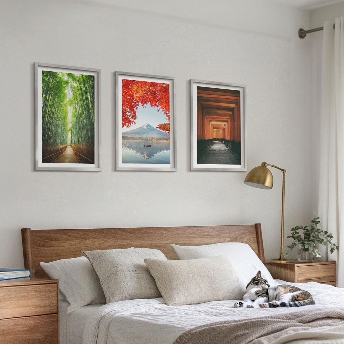 BILDER SET 3er Set - 40x60 cm Silberner Rahmen - Fuji-Bambuswaldlandschaft - Silberfarben, Kunststoff (40/60cm) - TULUP