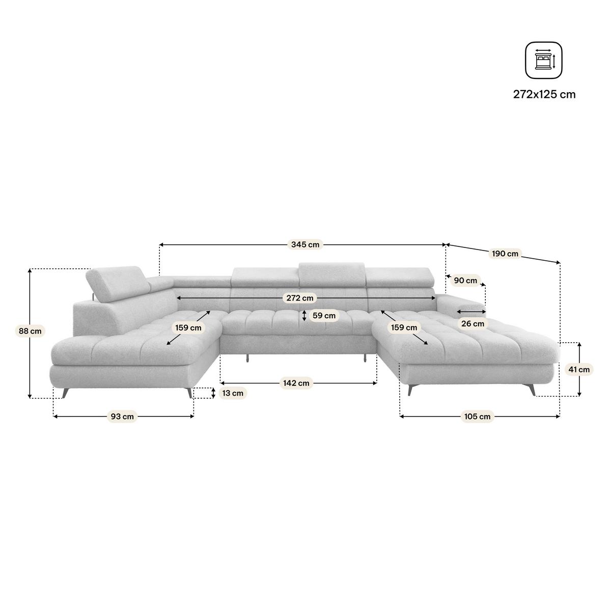 WOHNLANDSCHAFT CORENO Creme Boucle-Stoff mit Schlaffunktion - Creme, Holz (345/88/190cm) - MASSENO