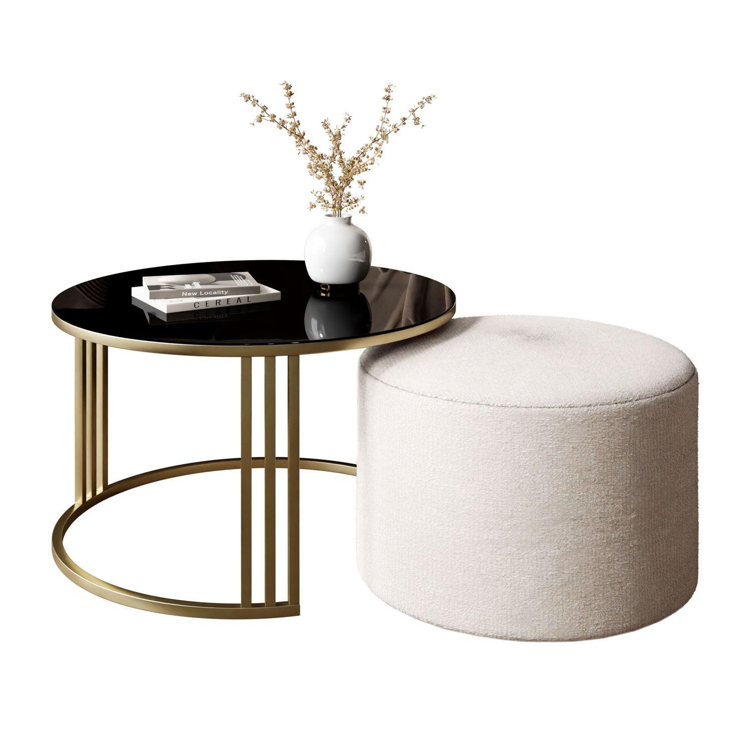 COUCHTISCH mit Hocker LORI GLASS gebürstetes Gold/schwarzes Glas/Perfect Harmony 01 - Weiß, Metall (70/70/49cm) - Lookway