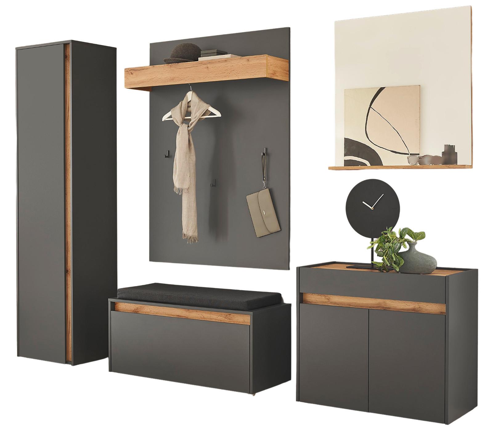 GARDEROBEN-SET Grau mit Eiche Wotan, 6-teilig 260 x 200 cm mit viel Stauraum, inklusive Sitzkissen - Eiche Wotan/Silberfarben, Glas/Holzwerkstoff (260/200/40cm) - Furn.Design