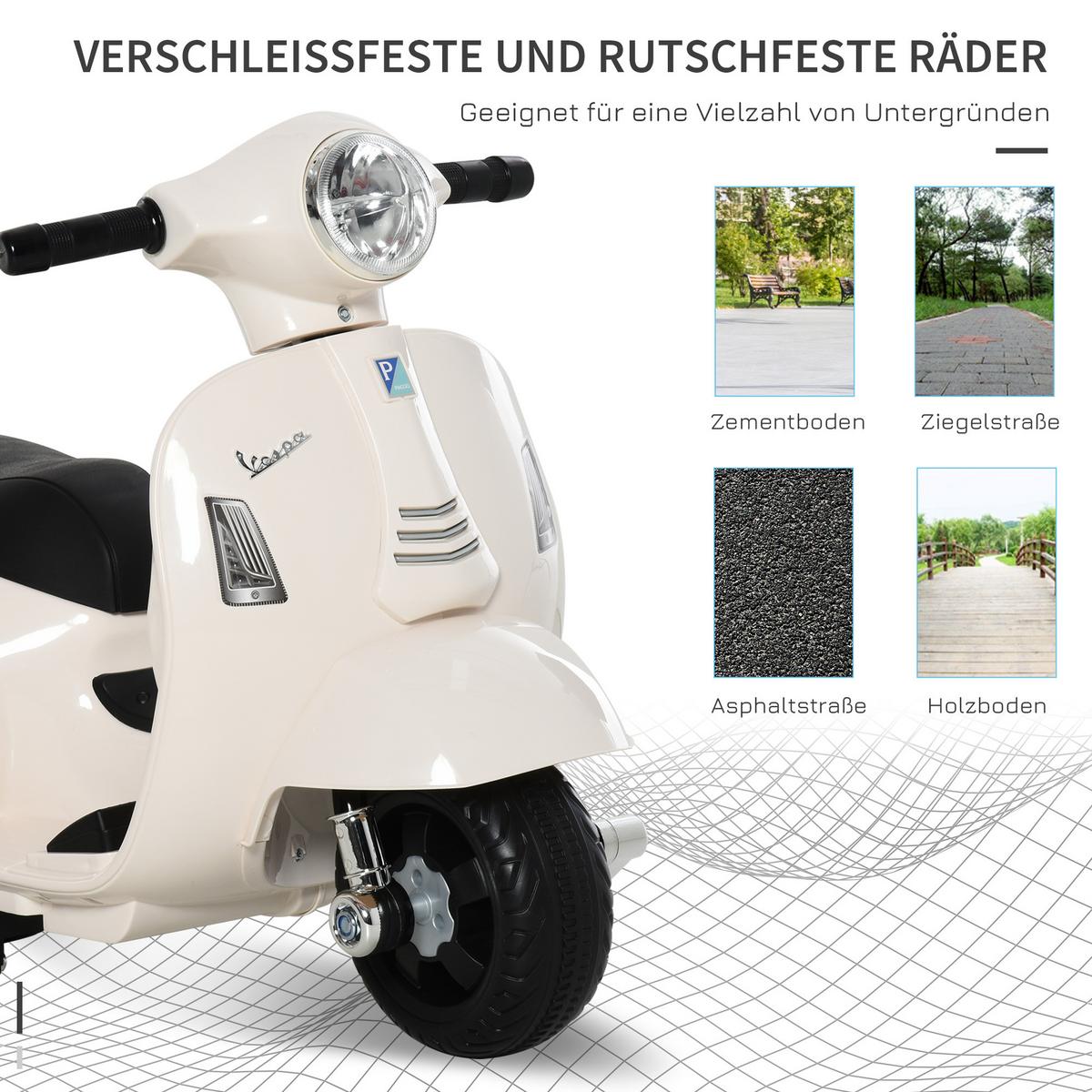 VESPA Elektromotorrad Kindermotorrad Elektrofahrzeuge 1,5 bis 3 Jahren Weiß - Weiß, Metall (66.5/38/52cm) - HOMCOM