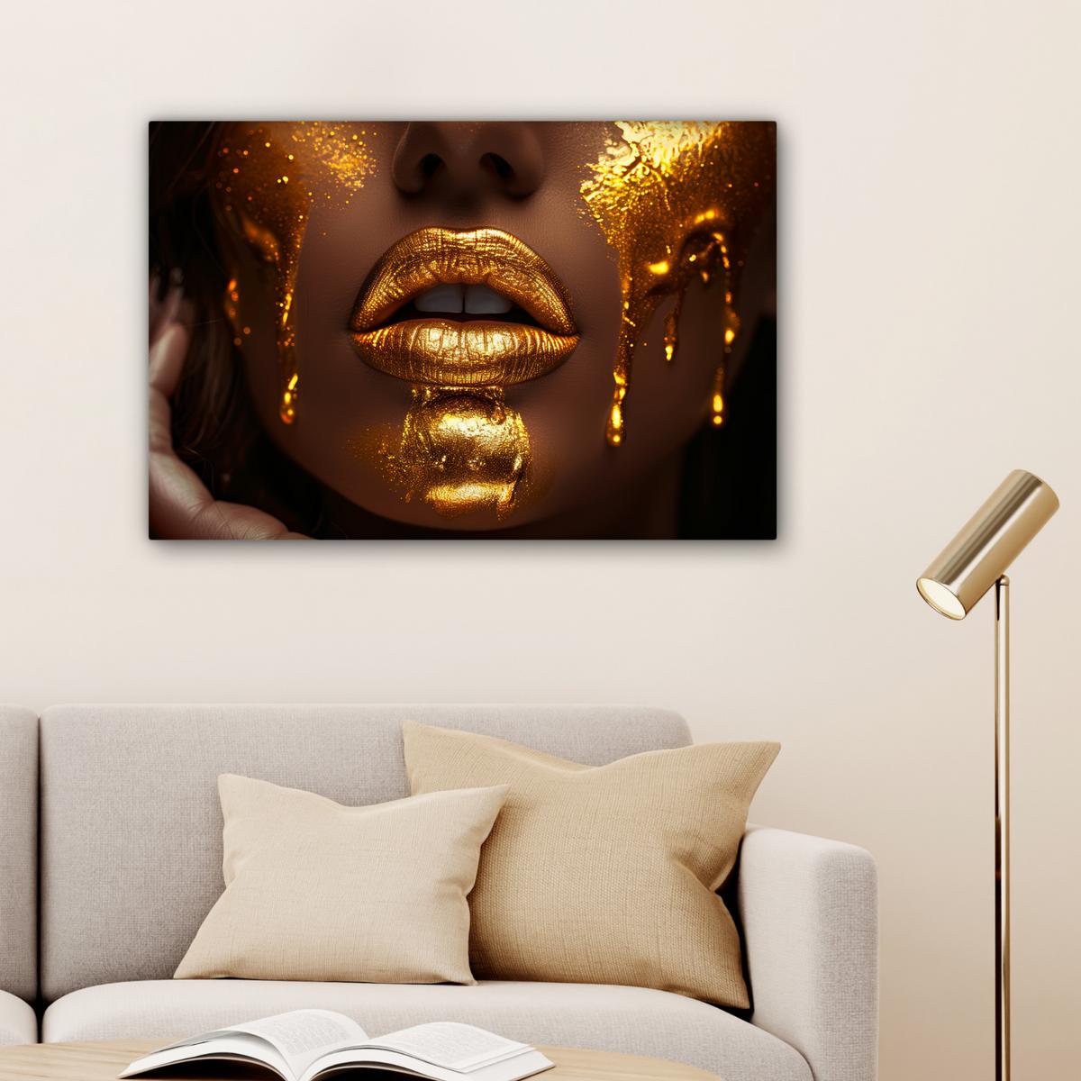 LEINWANDBILD Frau - Gold - Luxus - Porträt Gemälde 60x40 cm - Goldfarben, Textil (60/40cm) - MuchoWow