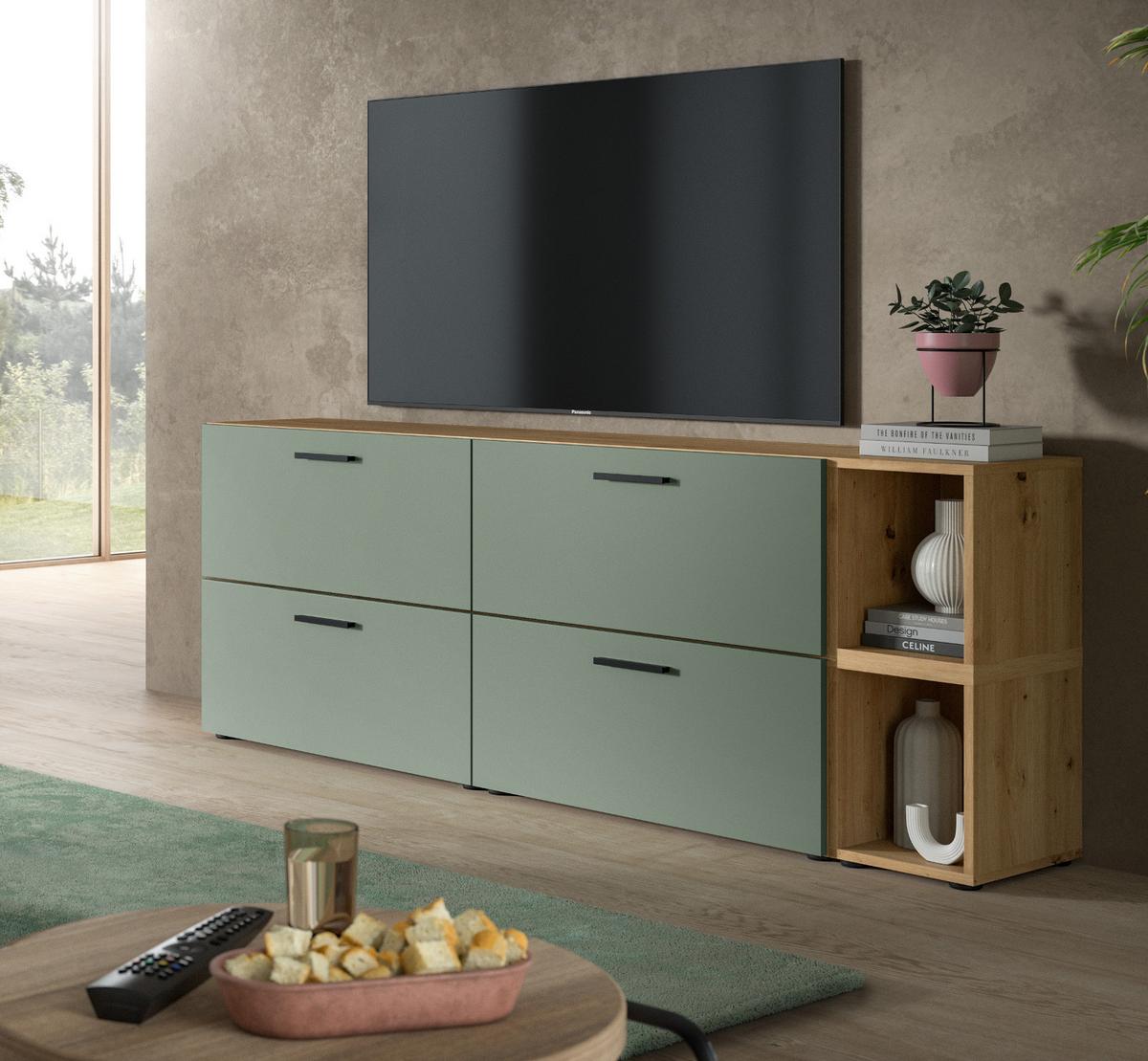 TV-LOWBOARD Grün, Eiche Artisan 176 cm, Fernsehtisch hängend / stehend - Schwarz/Eiche Artisan, Holzwerkstoff/Kunststoff (176/67/34cm) - Inn.Furn