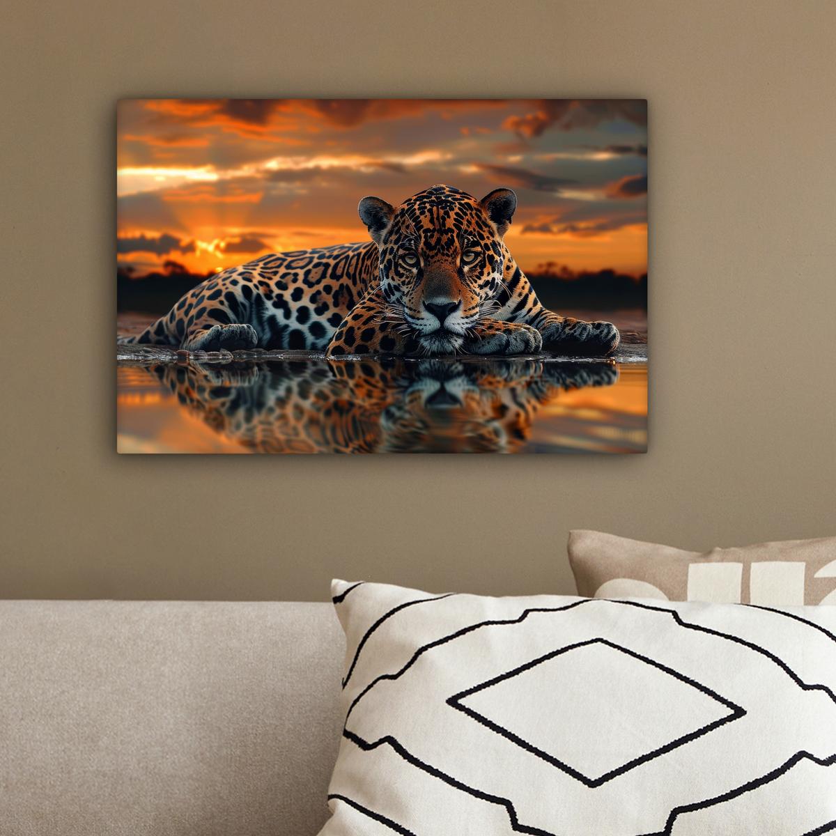 LEINWANDBILD Natur - Leopard - Tier - Sonnenuntergang - Modern Deko Schlafzimmer 30x20 cm - Orange, Textil (30/20cm) - MuchoWow