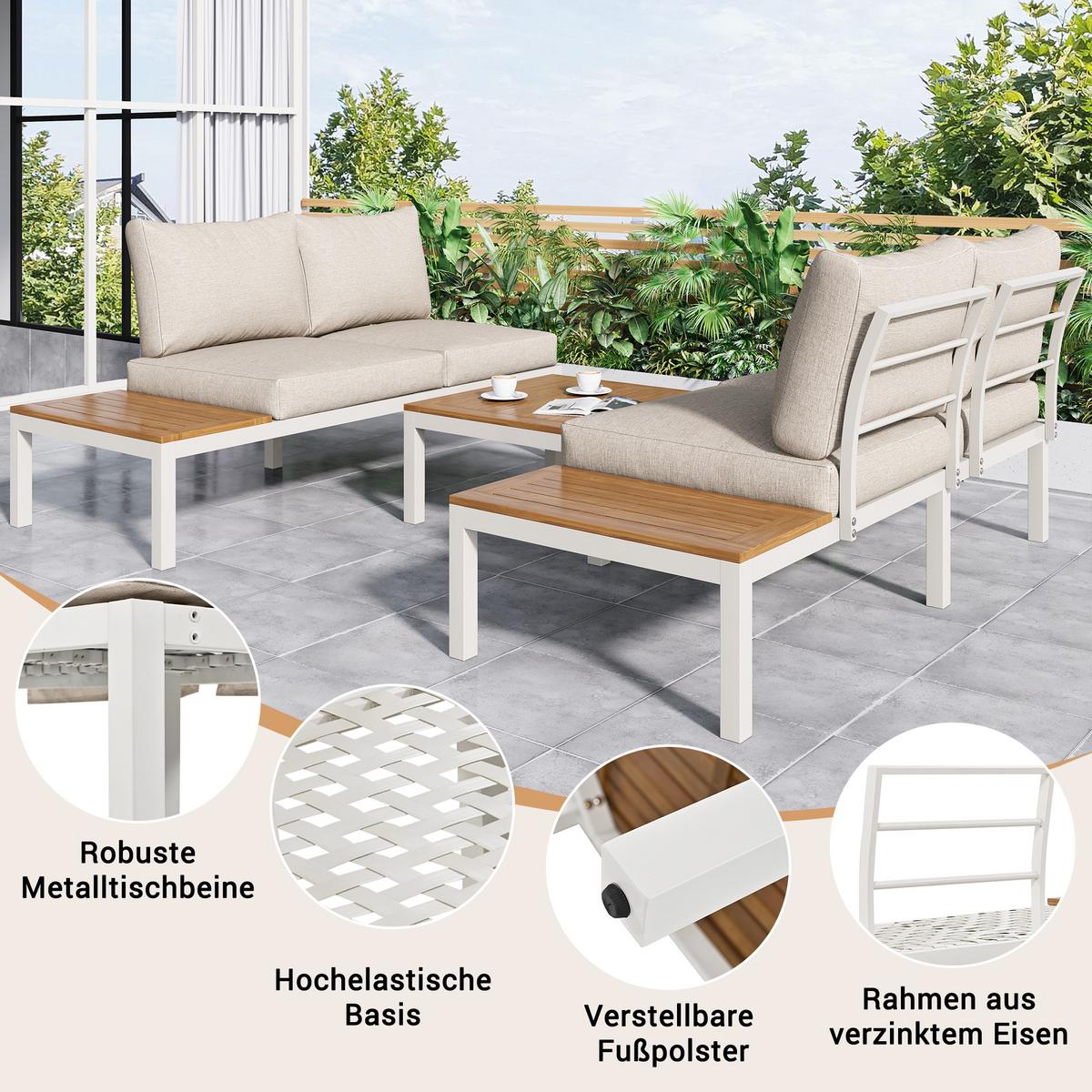 LOUNGEGARNITUR 5-tlg. Stahl & Akazie Beige Gartensofa mit Tisch & Beistelltischen - Beige, Metall - Urban Meuble