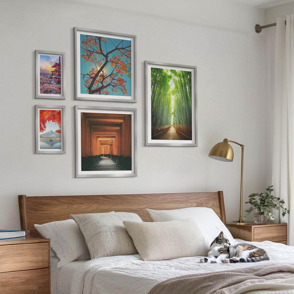 BILDER SET 5er Set - 50x50 cm & 20x30 cm & 40x60 cm Silberner Rahmen - Meerblick, farbenfrohe Häuser - Silberfarben, Kunststoff (40/60cm) - TULUP