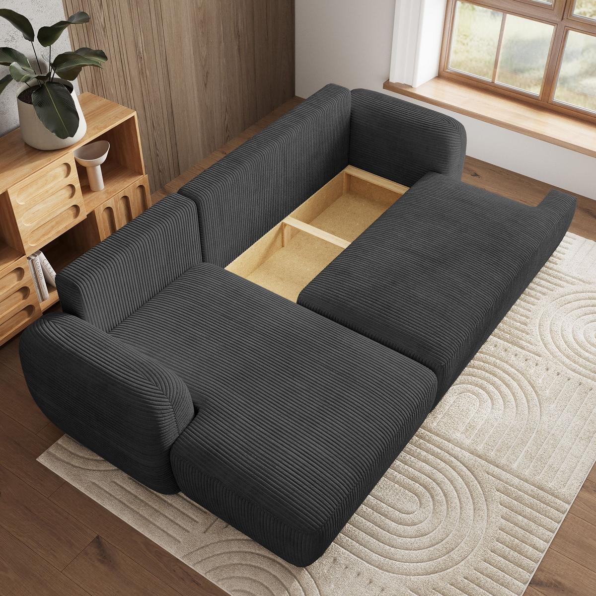 ECKSOFA MODENZA P L-S Graphitfarben Kordstoff mit Schlaffunktion - Graphitfarben/Schwarz, Holz/Kunststoff (266/148cm) - MASSENO