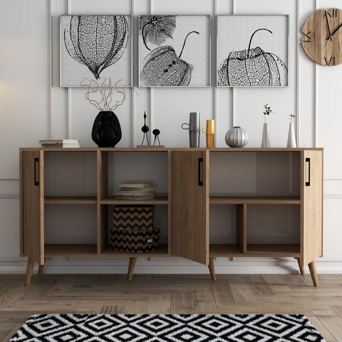 SIDEBOARD 3 Türen und 2 offene Fächer Dekor Eiche B180 cm - EXXEN - Eschefarben, Holzwerkstoff (45/83/50cm) - Calicosy