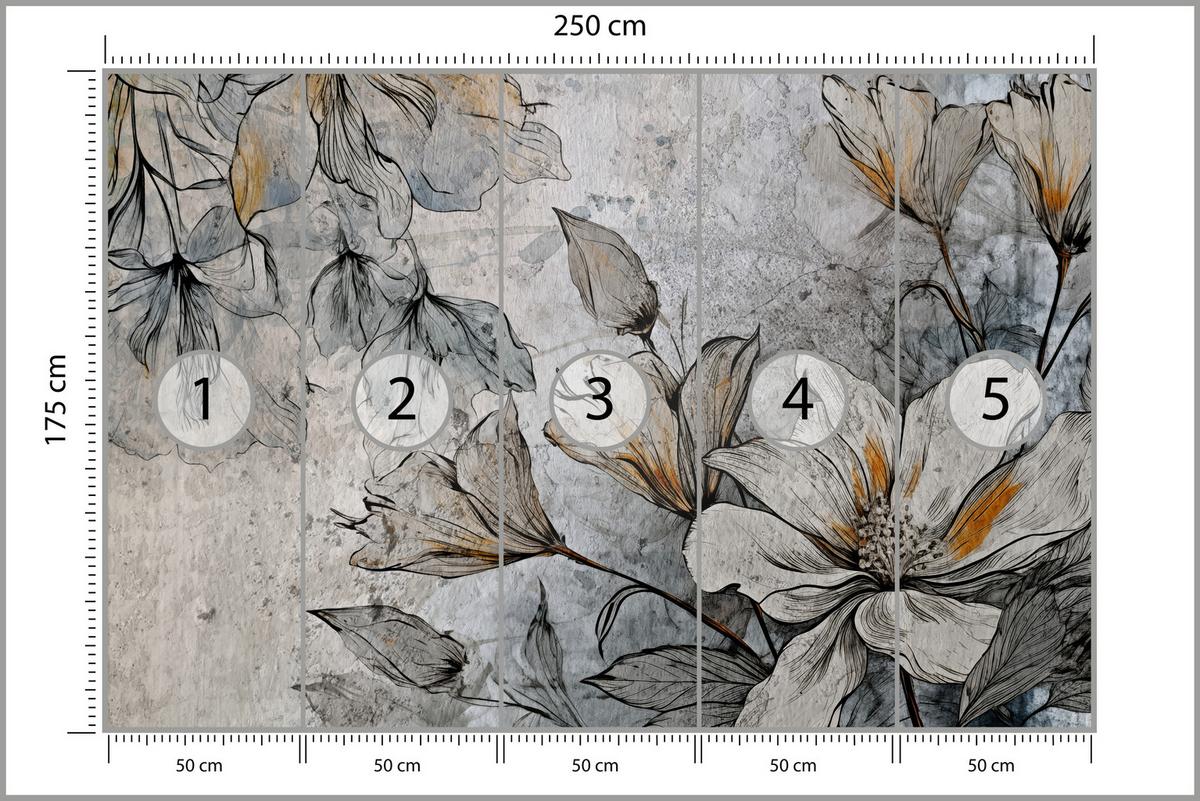 FOTOTAPETE für Büro Blumen Blätter Betongrund Vintage Pflanzen 250x175 - Grau, Papier (250/175cm) - Muralo