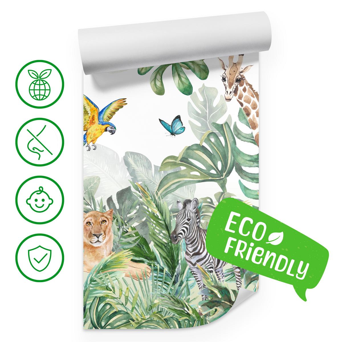 FOTOTAPETE für Kinderzimmer Tropen Dschungel Tiere Palmen Monstera 400x280 - Beige/Orange, Papier (400/280cm) - Muralo