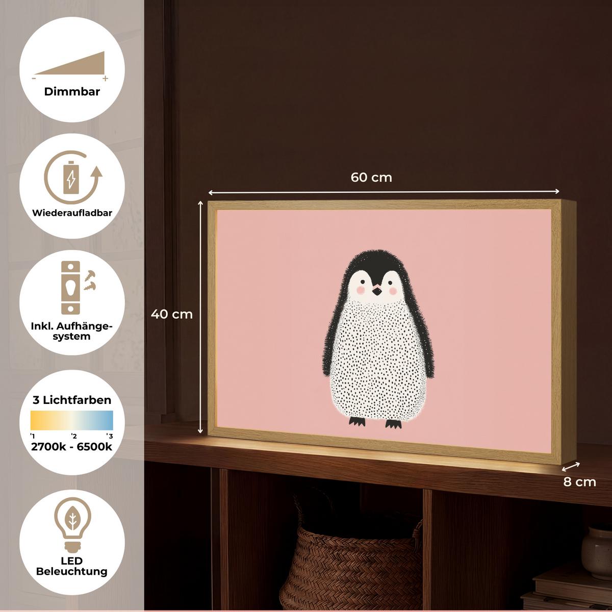 NACHTTISCHLAMPE MIT AKKU Pinguin - Punkte - Minimalistisch - Rosa 60x40 cm - Rosa, Holzwerkstoff (8/60/40cm) - OnlyWow