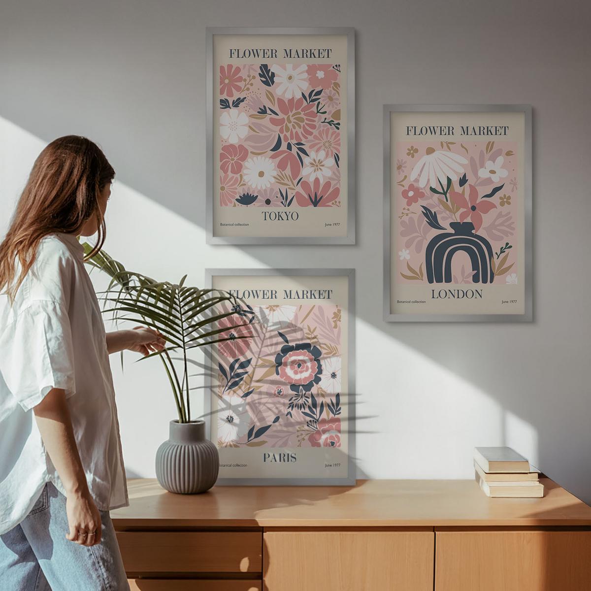BILDER SET 3er Set - 40x60 cm Silberner Rahmen - Blumenmotive Tokio London Paris - Silberfarben, Kunststoff (40/60cm) - TULUP