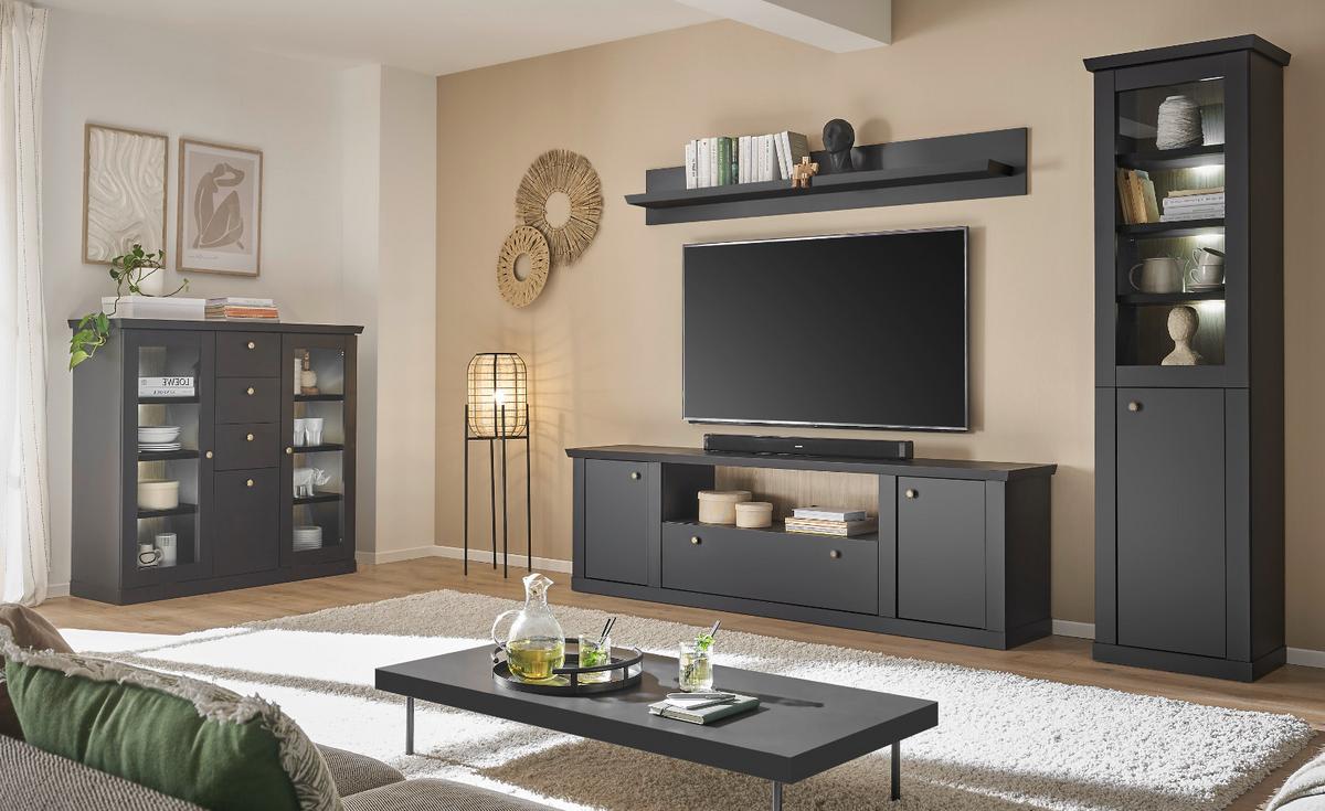 SIDEBOARD schwarz matt, Eiche Landhaus 158 cm, Kommode mit Soft-Close - Eichefarben/Messingfarben, Holzwerkstoff/Metall (158/92/42cm) - Furn.Design