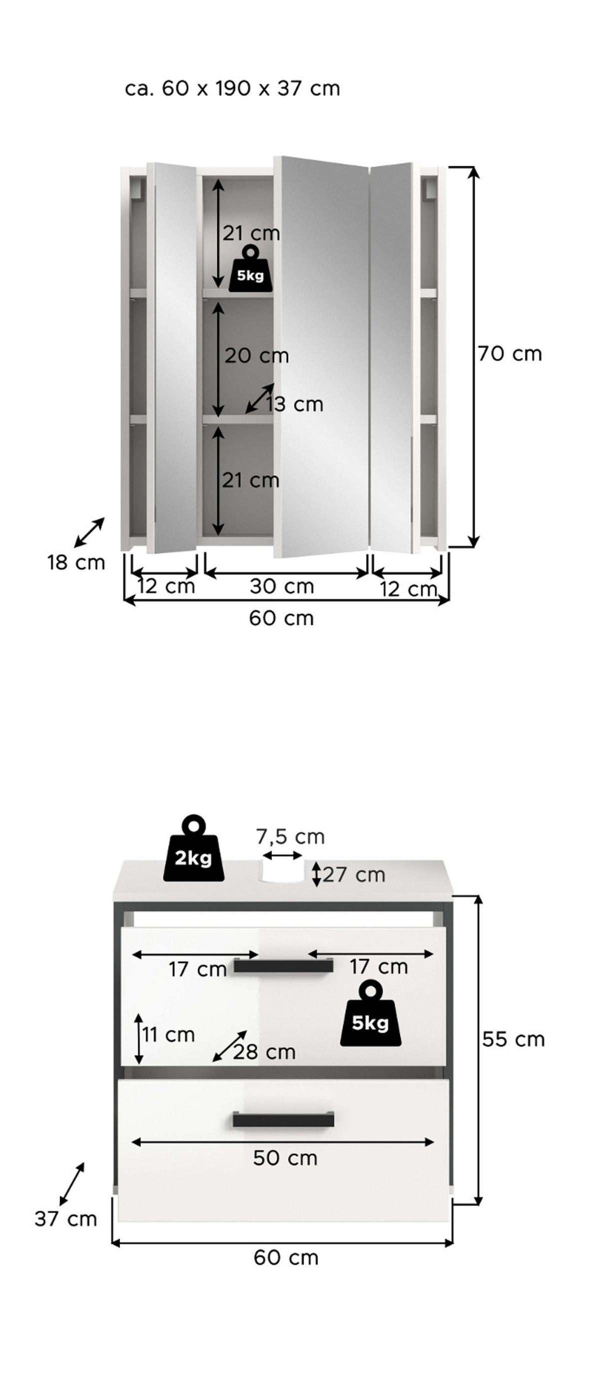 BADMÖBEL-SET 2-teilig weiß Hochglanz, grau, Badkombination 60 x 190 cm - Weiß Hochglanz/Schwarz, Glas/Holzwerkstoff (60/190/37.5cm) - Inn.Furn